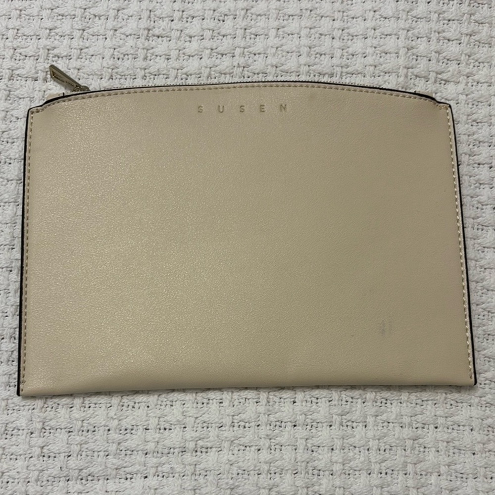 SUSEN make up bag small clutch purse cosmetic bag ivory gold tone zipper 8.5"x6"